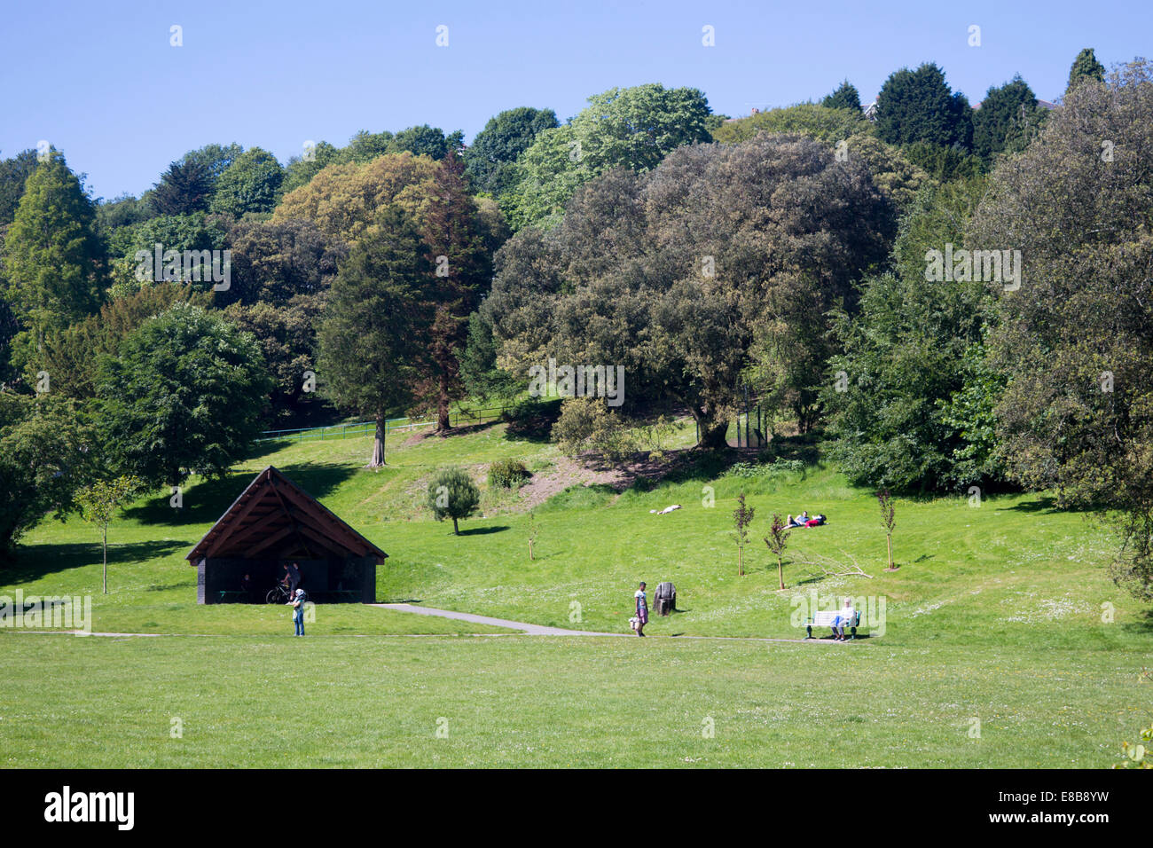 Parco Cwmdonkin con persone al di fuori seduta sul pomeriggio estivo Uplands Swansea South Wales UK Foto Stock