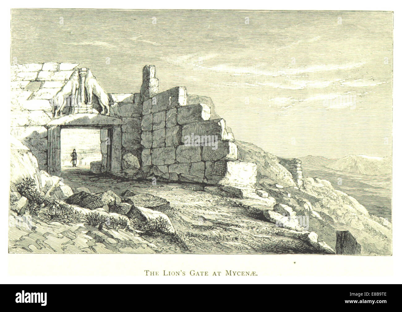 Questa illustrazione del 1882 di Farrer raffigura la porta del Leone a Micene, un significativo sito archeologico in Grecia noto per la sua architettura antica e il suo ruolo nella storia greca. Foto Stock