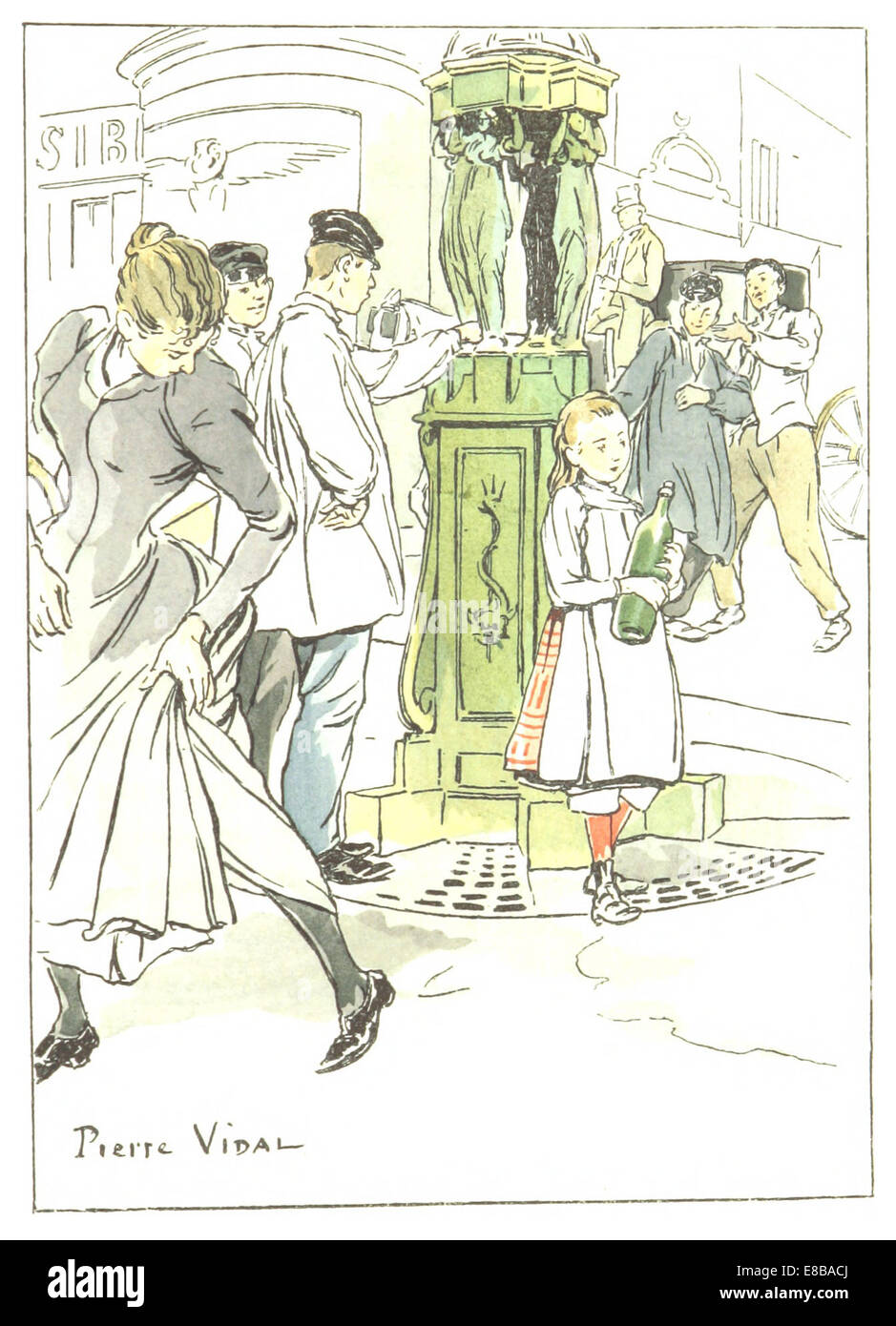 Illustrazione raffigurante la Fontaine Wallace, una famosa fontana pubblica di Parigi progettata da Charles-Auguste Lebourg e intitolata al filantropo Wallace. L'immagine mostra il design della fontana e il suo ruolo nello spazio pubblico di Parigi. Foto Stock