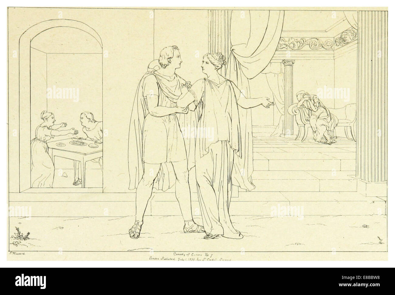 Questa illustrazione del 1828-33 di Howard accompagna l'opera teatrale di Shakespeare "la commedia degli errori" nel volume 4, che rappresenta visivamente una scena della commedia classica. Foto Stock