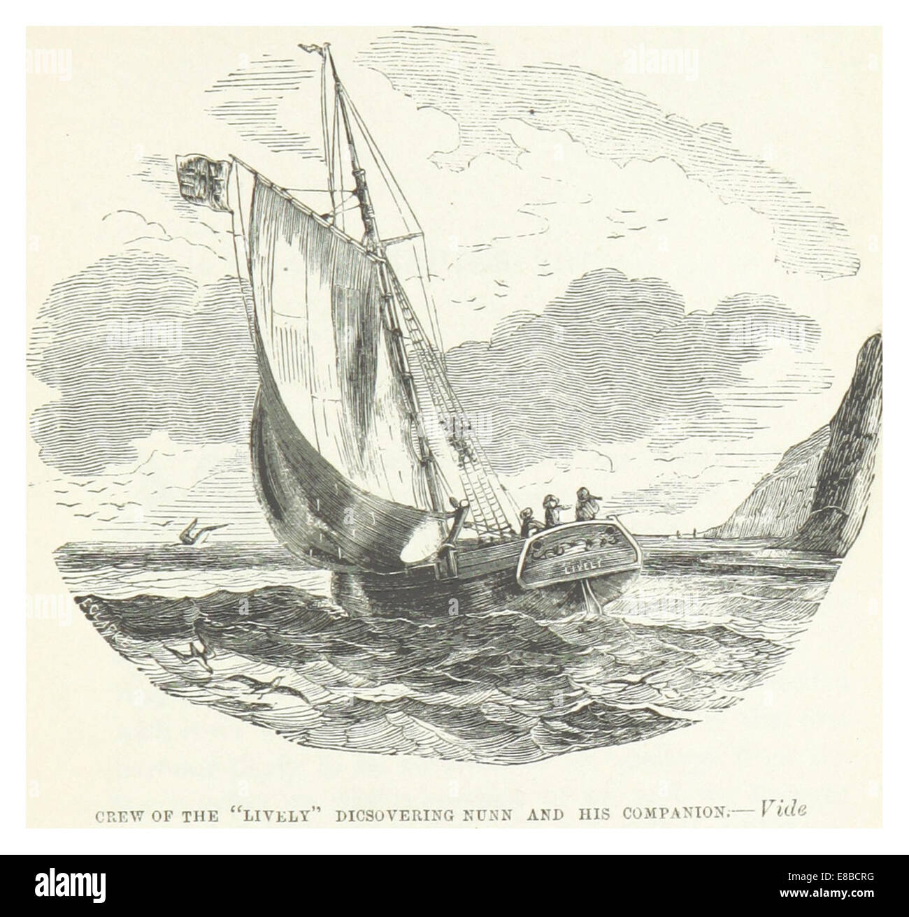 Questa illustrazione del 1850 di Nunn raffigura l'equipaggio del *Lively* durante una spedizione di scoperta. Presenta Nunn e il suo compagno, offrendo informazioni sulle loro attività di esplorazione durante la metà del XIX secolo. Foto Stock