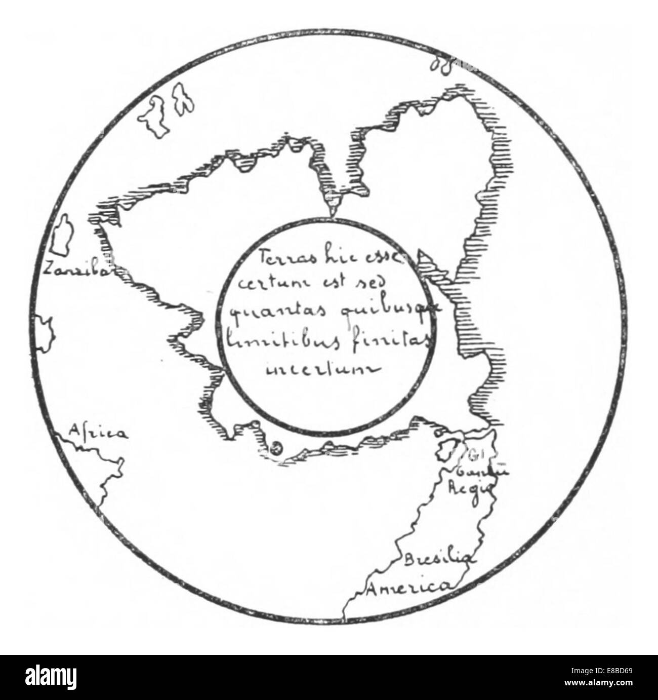 Questa illustrazione del 1893 di Rainaud presenta una raffigurazione di "Terre Australe" (Terra del Sud) su una mappa Mercator del 1538. L'immagine evidenzia le prime rappresentazioni europee dell'emisfero meridionale e la geografia speculativa prima che il continente australiano fosse ampiamente conosciuto. Foto Stock