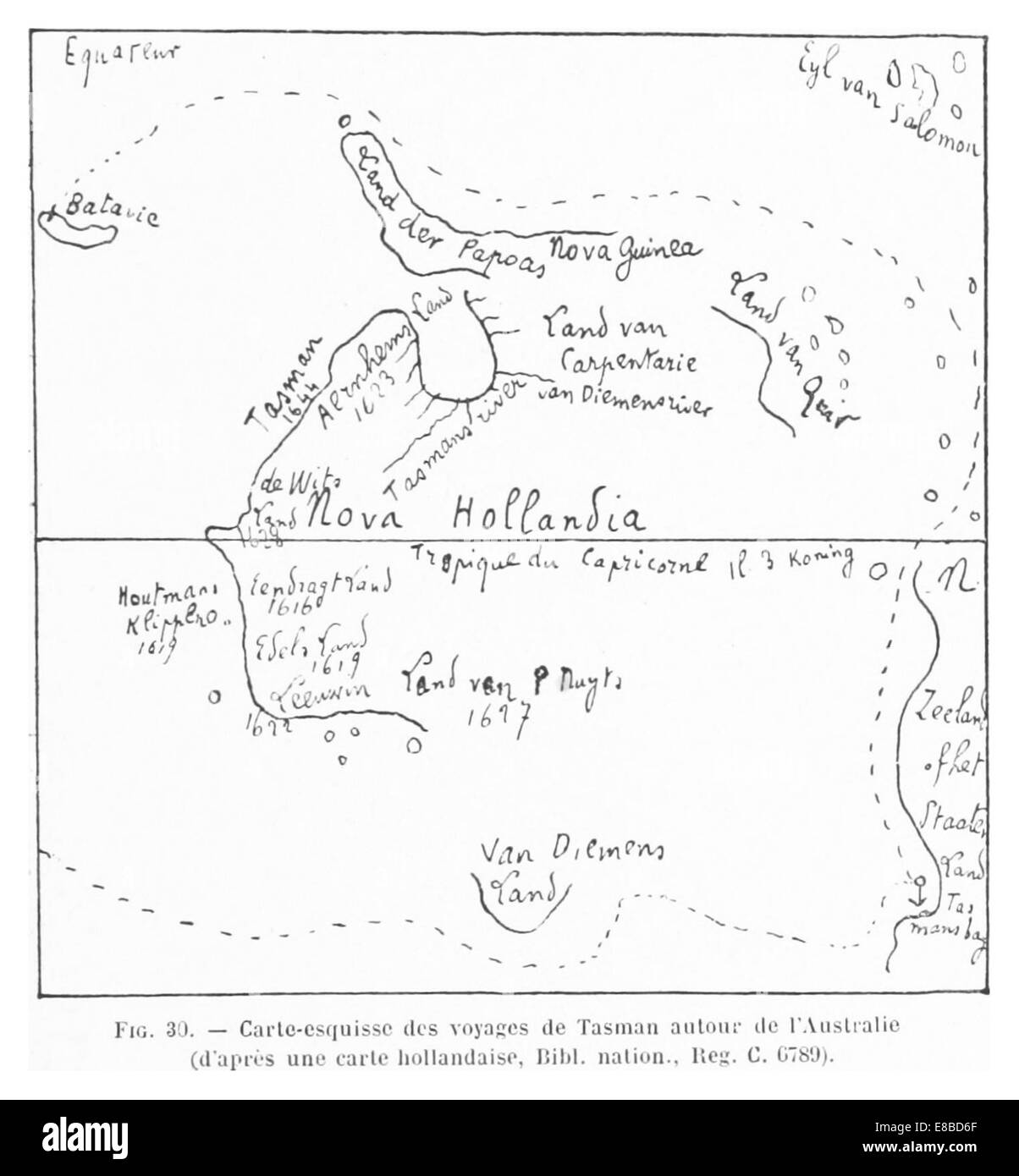 Questa mappa del 1893 disegnata da Rainaud illustra i viaggi di Tasman intorno all'Australia, documentando le prime esplorazioni dell'esploratore olandese sulla costa australiana nel XVII secolo. Foto Stock