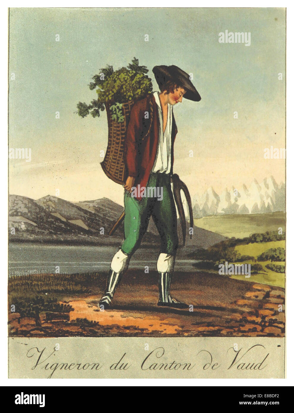 Questo lavoro del 1822 di Reinhardt raffigura i costumi tradizionali dei viticoltori svizzeri del Canton Vaud, fornendo un'istantanea culturale della società svizzera all'inizio del XIX secolo. Foto Stock