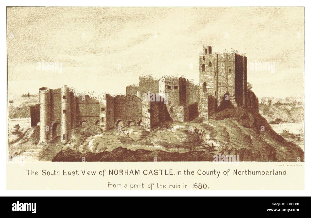 Questa stampa del 1680 del castello di Norham offre una vista sud-est delle rovine, mostrando il suo significato storico e architettonico come fortezza medievale in Inghilterra. Foto Stock