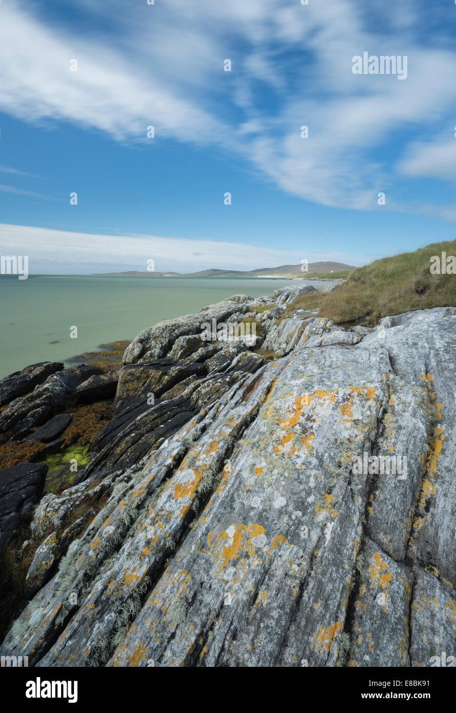 Modelli di roccia vicino a Spiaggia Luskentire, Isle of Harris, Ebridi Esterne, Scozia Foto Stock