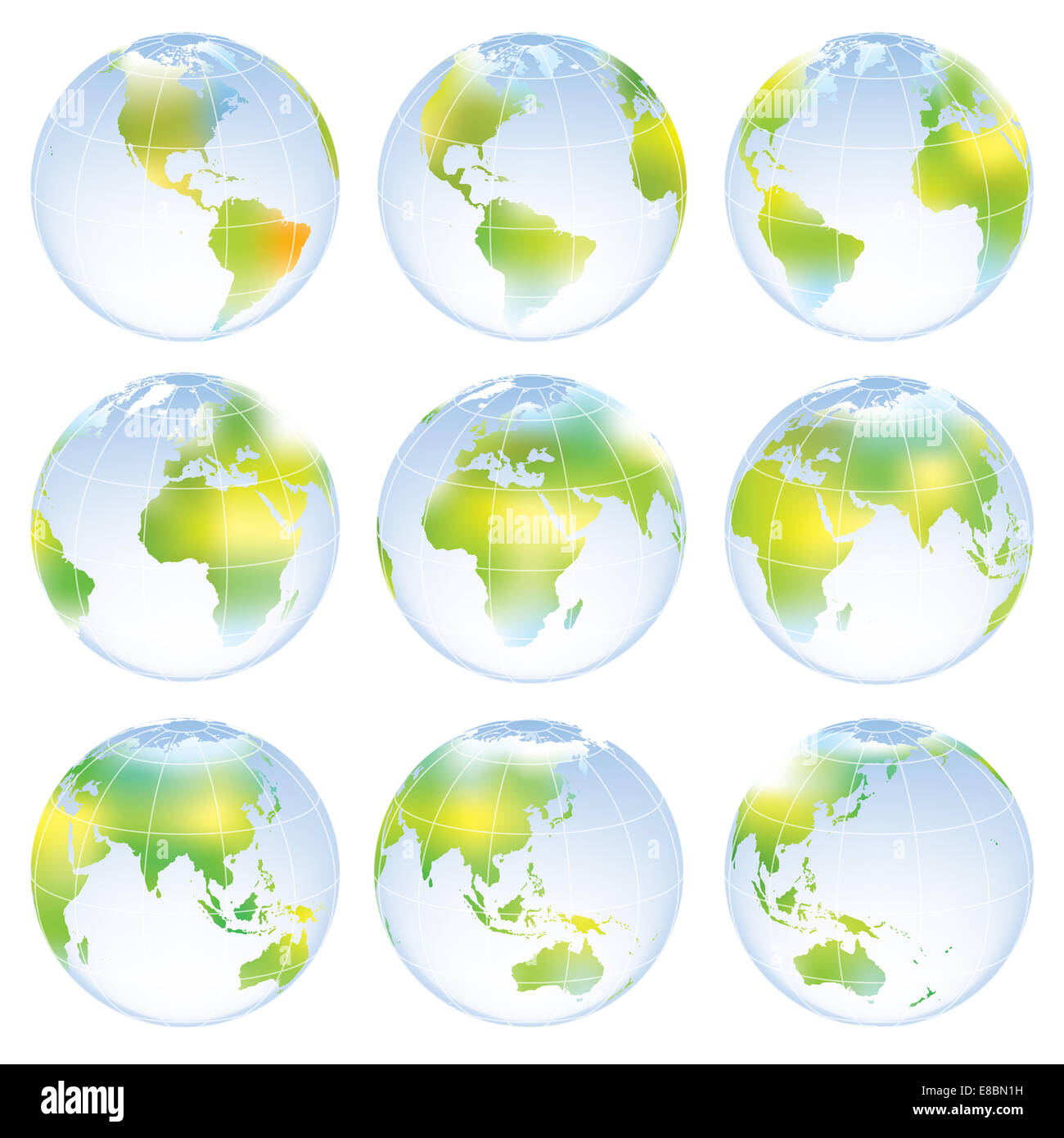 Set di nove globi che mostra la terra con tutti i continenti. Foto Stock
