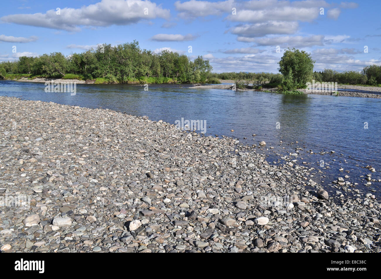 Pebble sponde del fiume. Polar Ural, Repubblica di Komi, Russia. Foto Stock