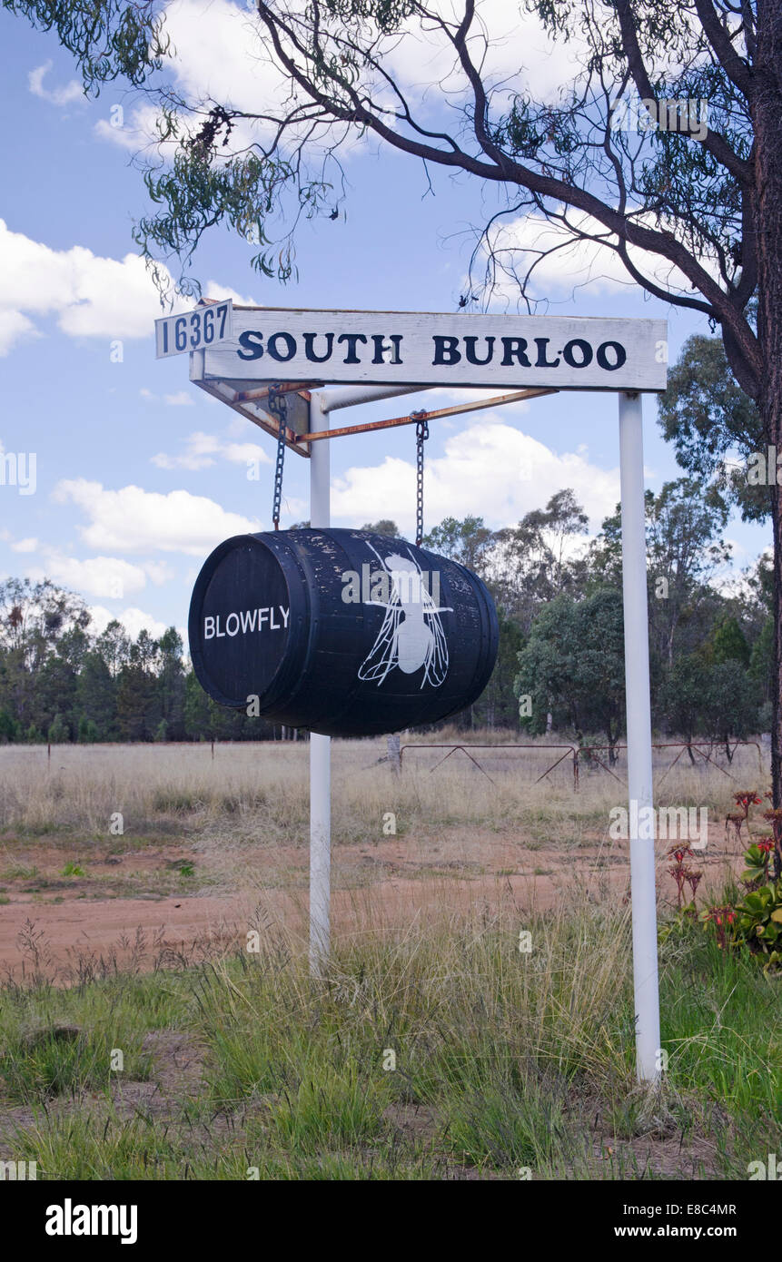 Barile di birra casella di posta elettronica con una mosca carnaria immagine su Oxley Hwy NSW Australia Foto Stock