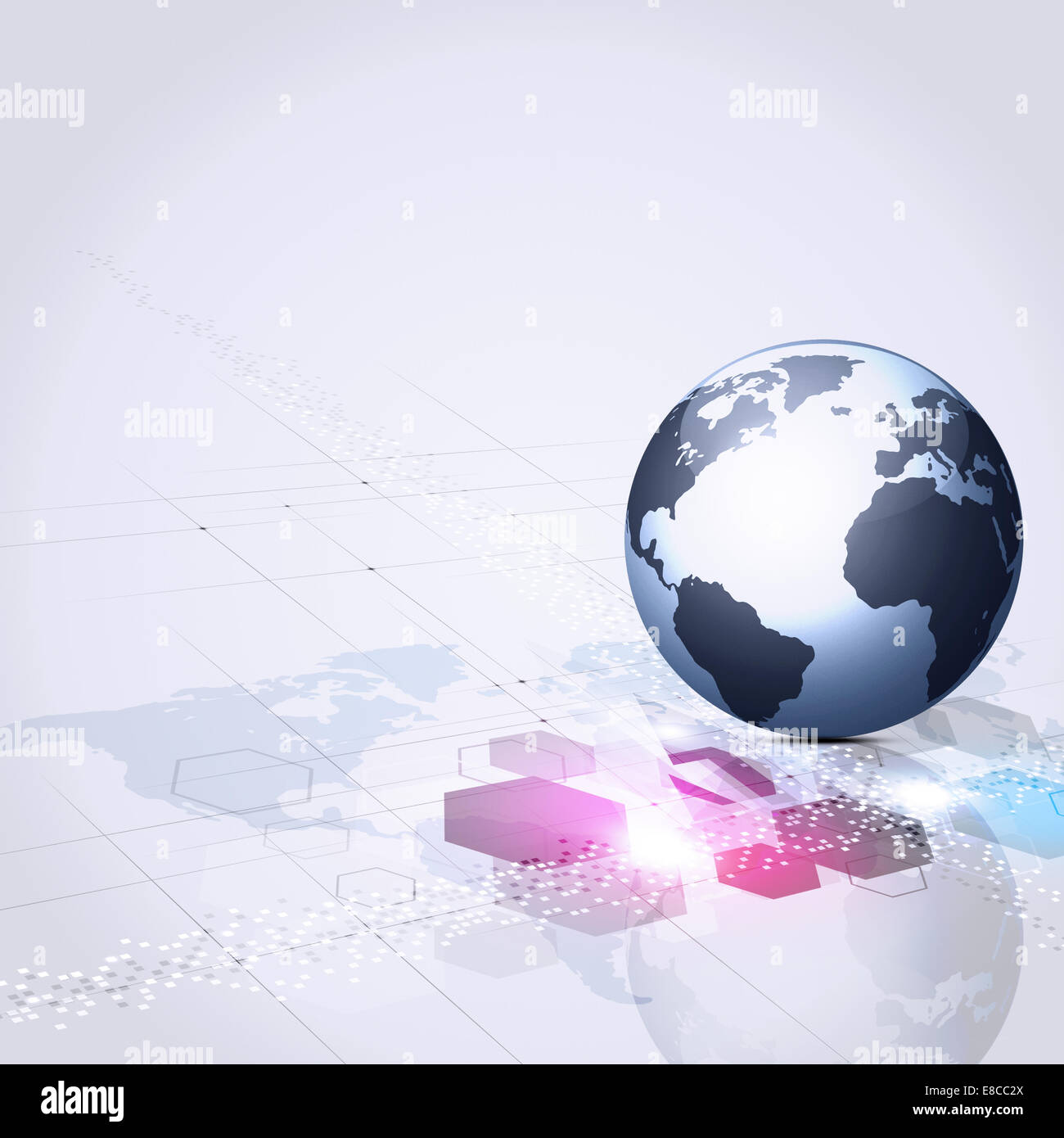 Comunicazione astratta sfondo con punti quadrati frecce luci e business mappa del mondo Foto Stock