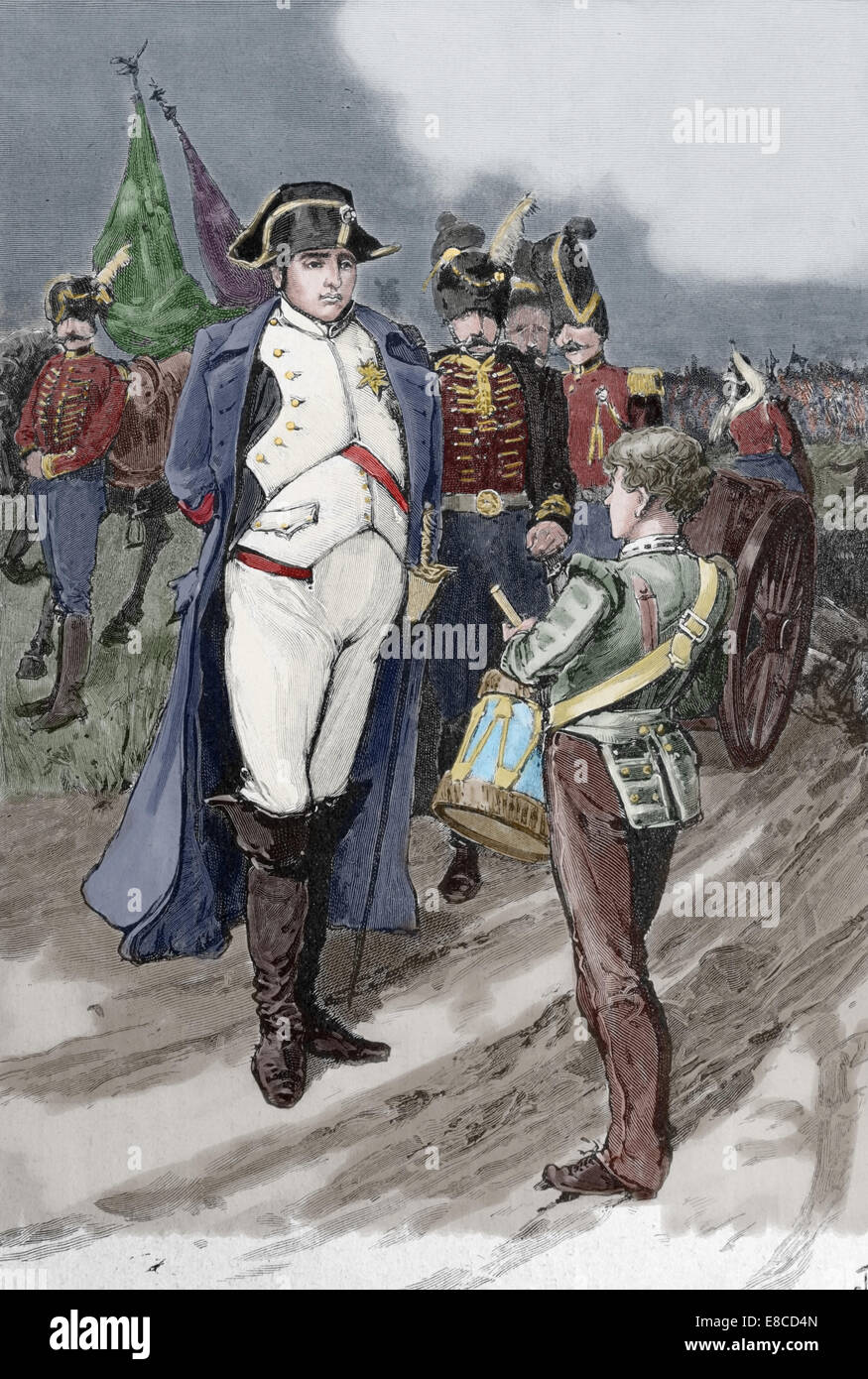 Napoleone I (1769-1821). Il francese militare e politico. L'Imperatore dei Francesi da 1804-1814. L'imperatore e drummer boy. Incisione Foto Stock