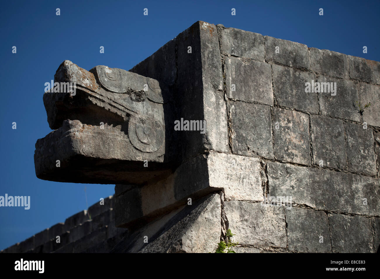 Una testa in rappresentanza di Kukulkan il dio Serpente Piumato, decora un edificio nella città Maya di Chichen Itza, Penin dello Yucatan Foto Stock