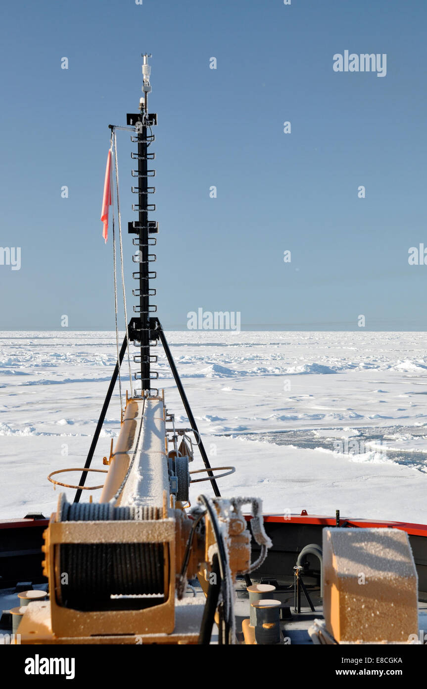La bandiera congelata sulla prua della Guardia Costiera Cutter Healy, mentre rompe il ghiaccio sull'Oceano Artico, simboleggia l'ambiente duro e freddo in cui naviga la nave. La bandiera STILL riflette le condizioni estreme e la missione della nave nell’Artico. Foto Stock