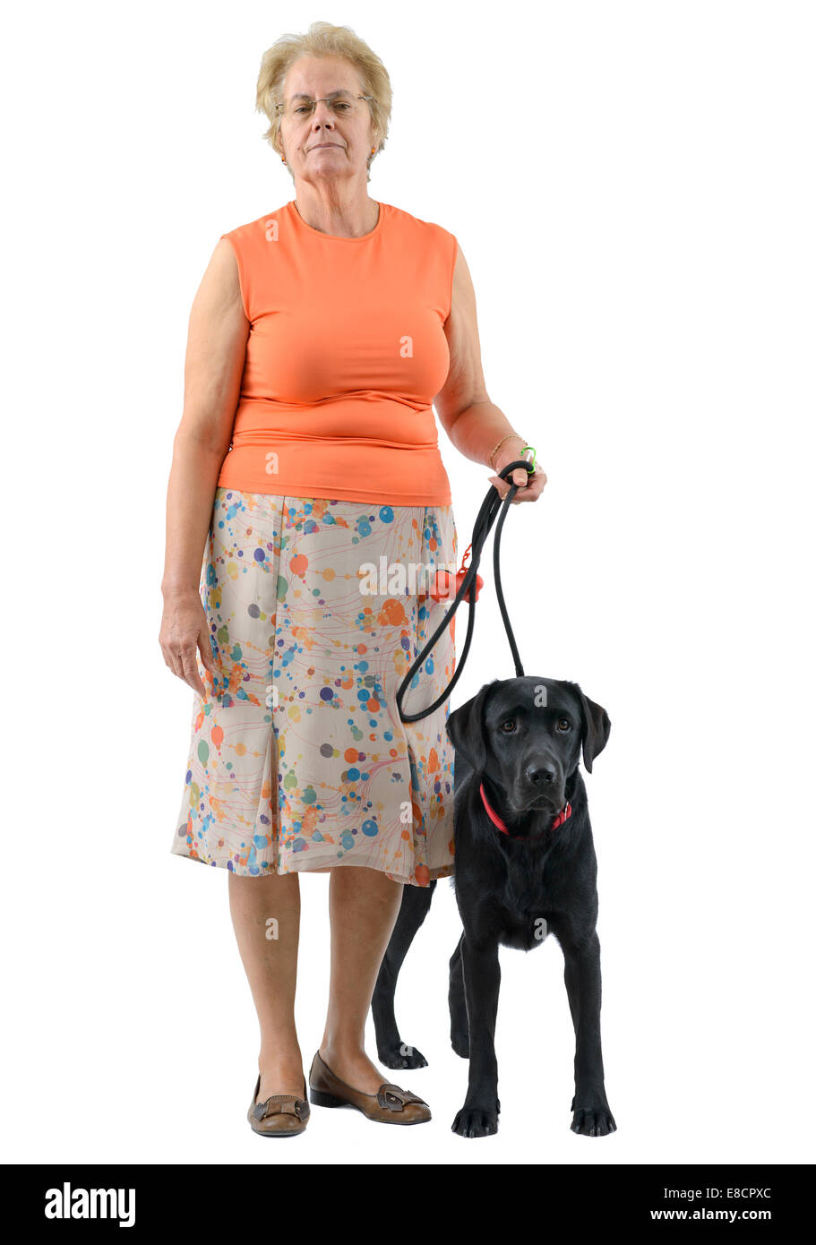 Donna con nero labrador retriever cane al guinzaglio ritagliare isolati su sfondo bianco Foto Stock