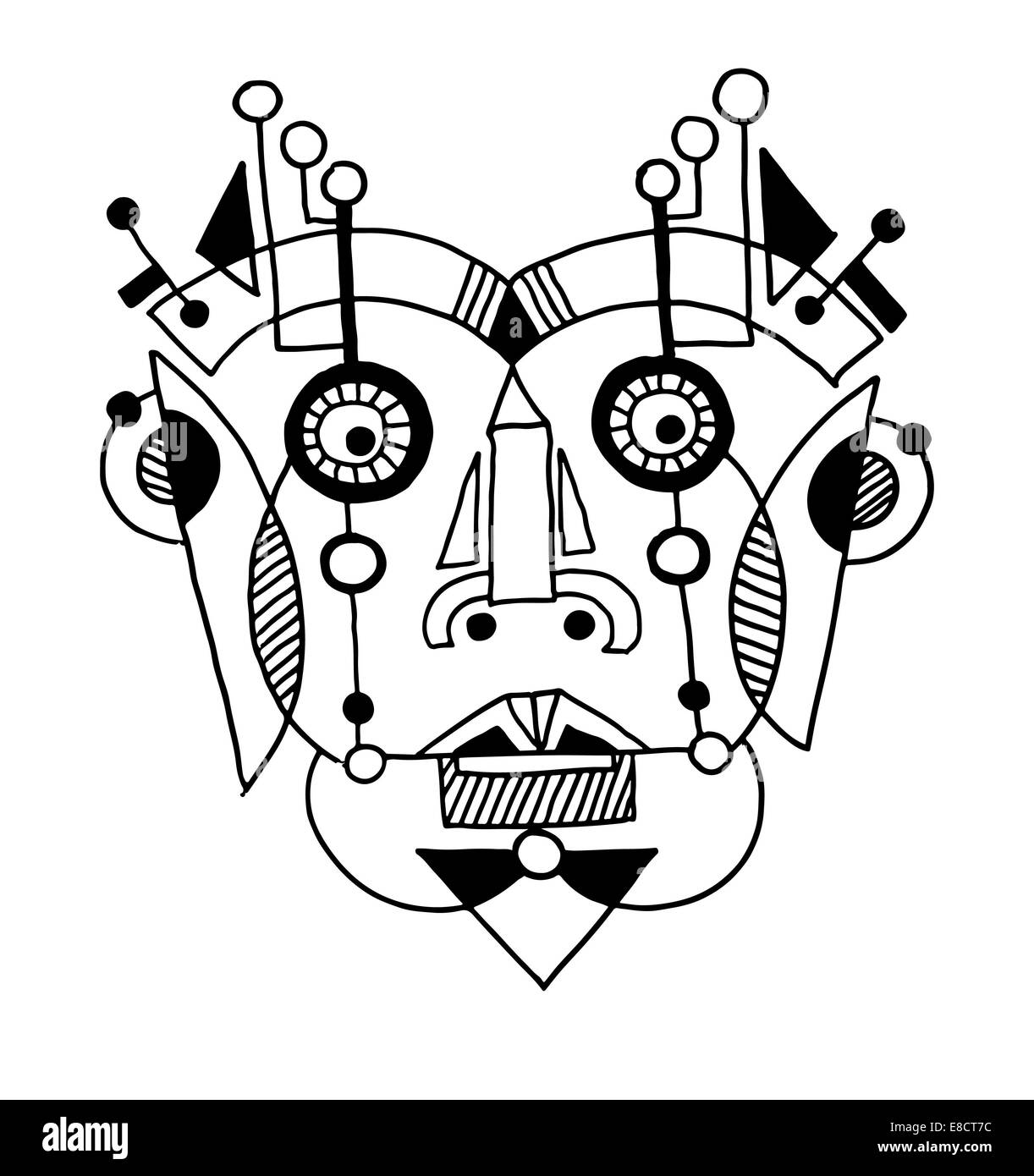 Insolito disegnare a mano illustrazione con un viso maschile ritratto in appartamento Foto Stock