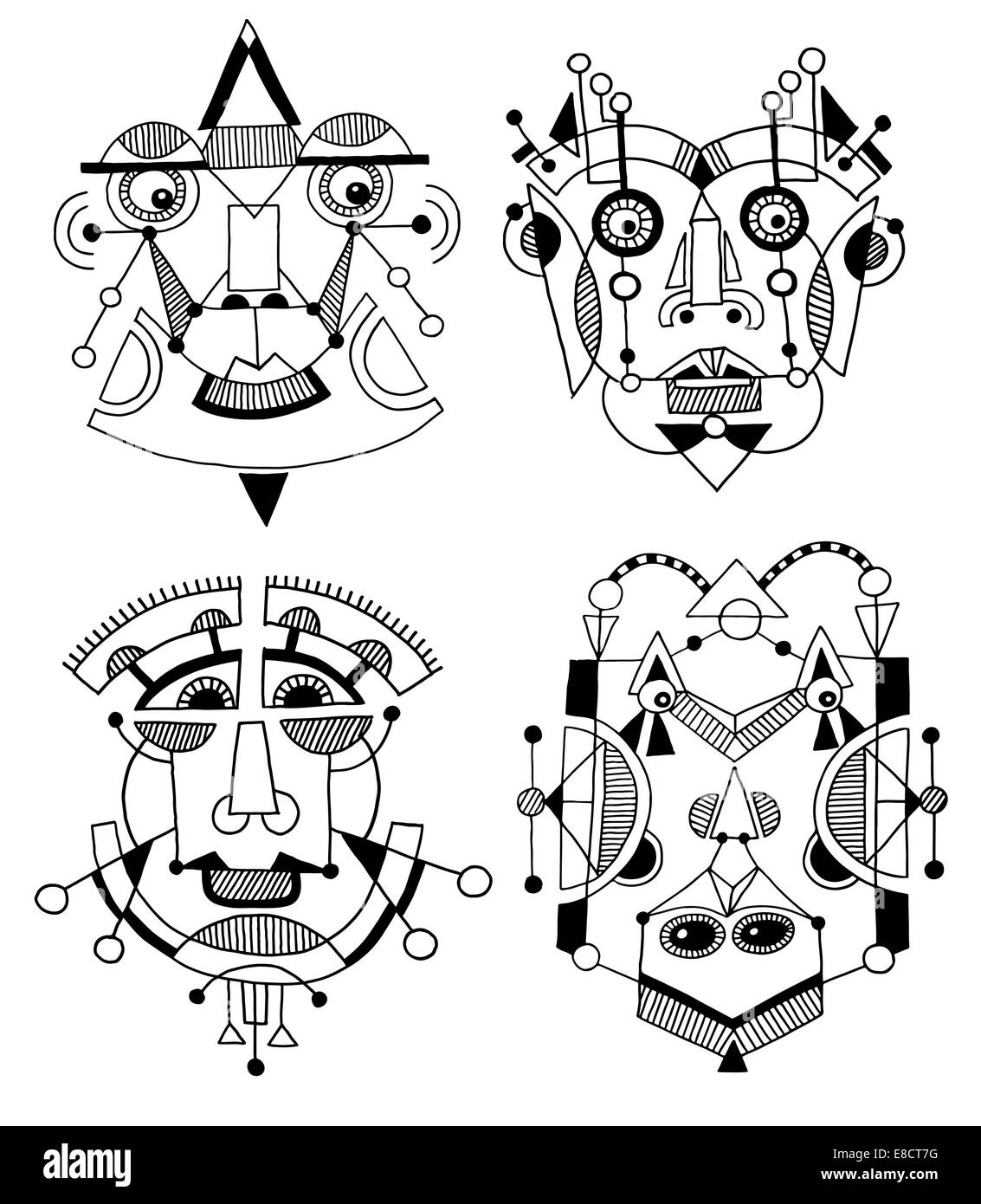 Set di insolita disegnare a mano illustrazione con un viso maschile ritratto Foto Stock