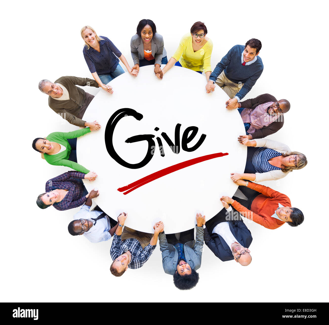 Gruppo di persone che si tengono per mano intorno alla Parola dare Foto Stock