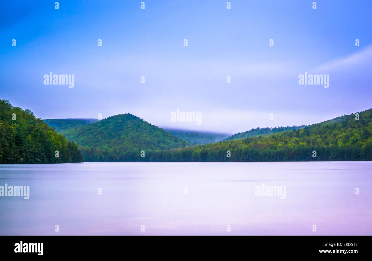 Una lunga esposizione di nuvole che si muovono su montagne e di lunga esecuzione di Pino serbatoio in Michaux la foresta di stato, Pennsylvania. Foto Stock