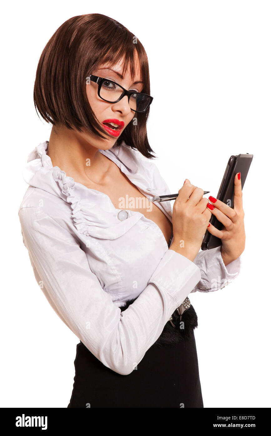 Segretaria Sexy rosso con tacchi alti e bicchieri utilizzando tablet Foto  stock - Alamy