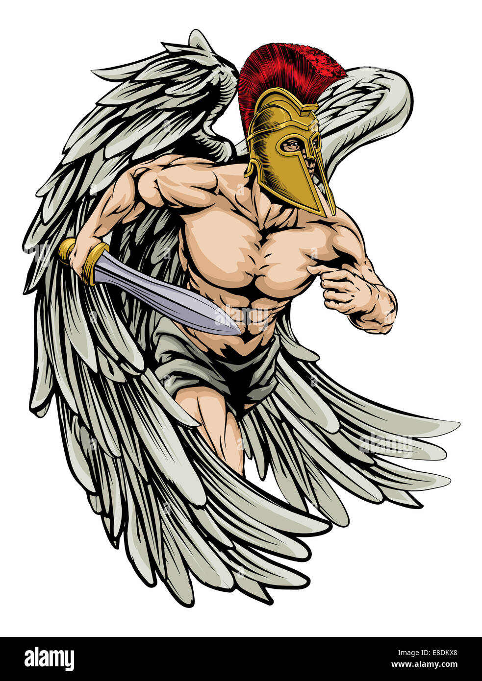 Una illustrazione di un angelo guerriero il carattere o la mascotte di sport con grandi ali in un trojan o stile spartano casco tenendo un swor Foto Stock