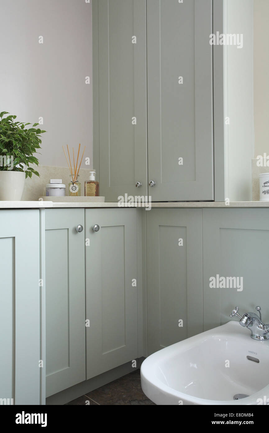 Bagno interno in una casa nel Regno Unito in un pastello blu - colore verde. Foto Stock