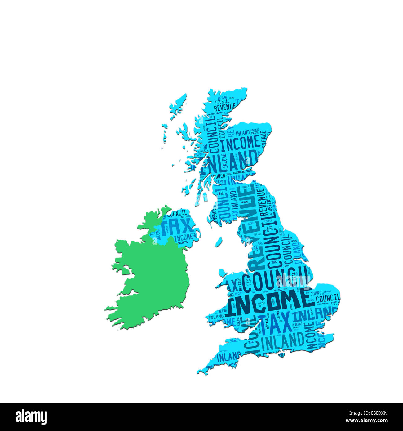 Mappa di contorno di UK sovrapposto con parole in materia fiscale Foto Stock