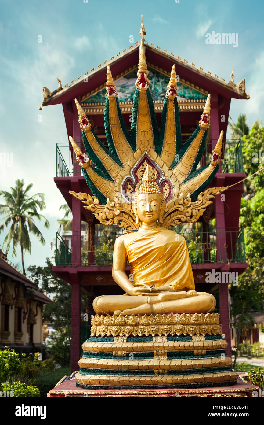 Statua di Buddha meditando in tradizionale stile theravada. Città asiatica di architettura religiosa in luogo pubblico. Vientiane, Laos Foto Stock