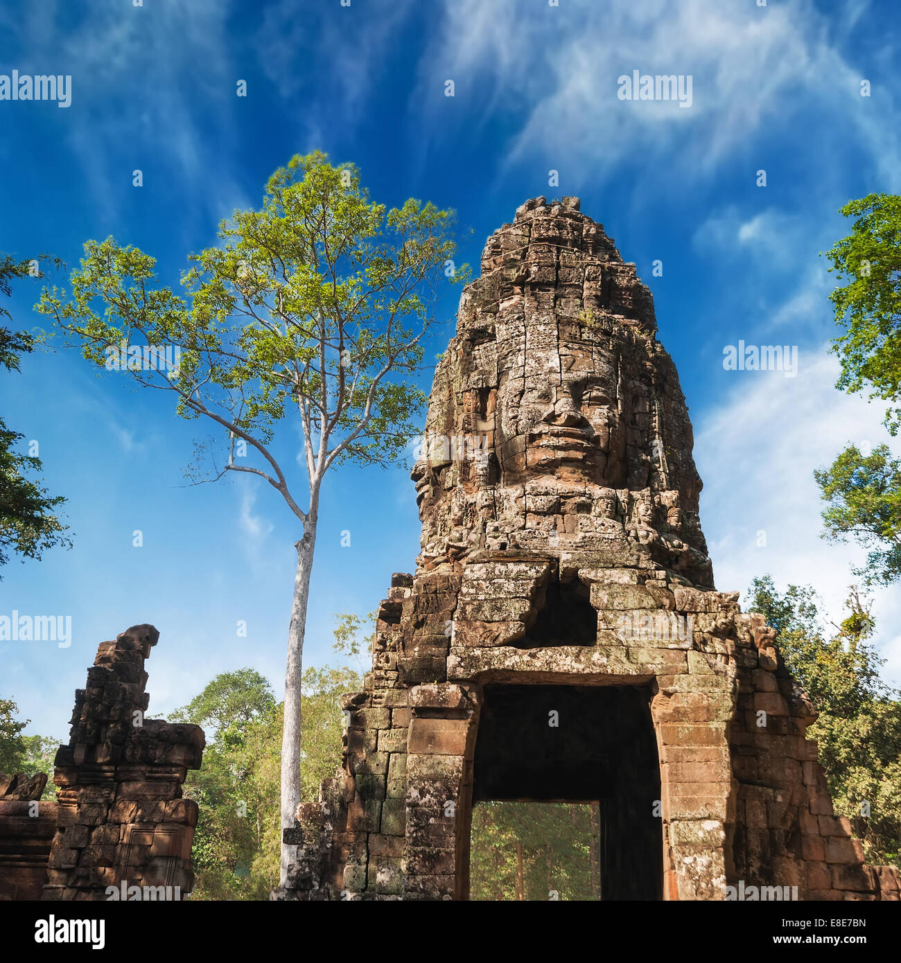 Antica architettura Khmer. Faccia di Buddha a Ta Prohm tempio cancello di ingresso. Angkor Wat complessa, Siem Reap, viaggio in Cambogia destina Foto Stock