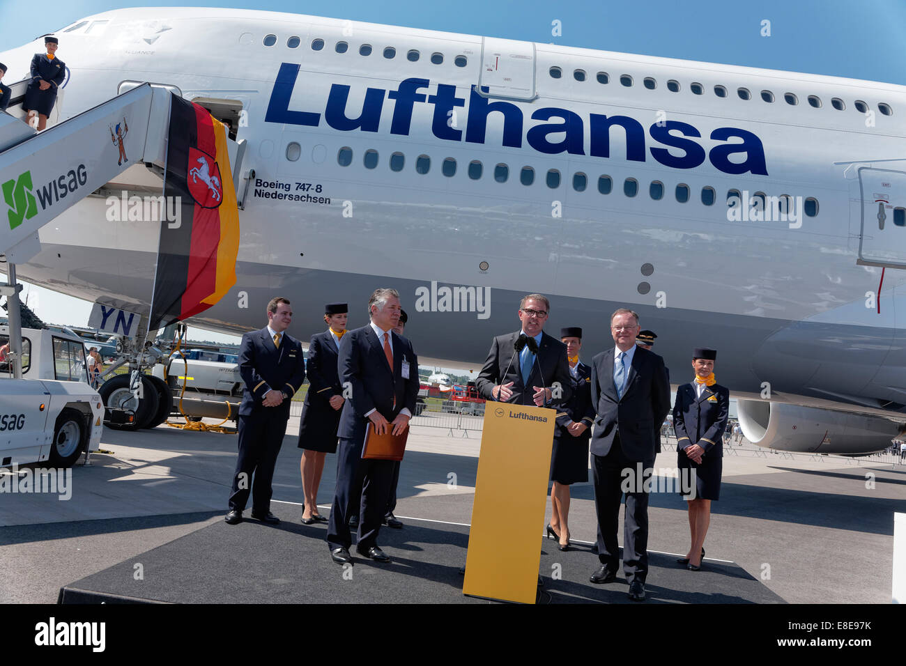 Schoenefeld, Germania, il battesimo della Lufthansa Boeing 747-8 presso la ILA 2014 Foto Stock