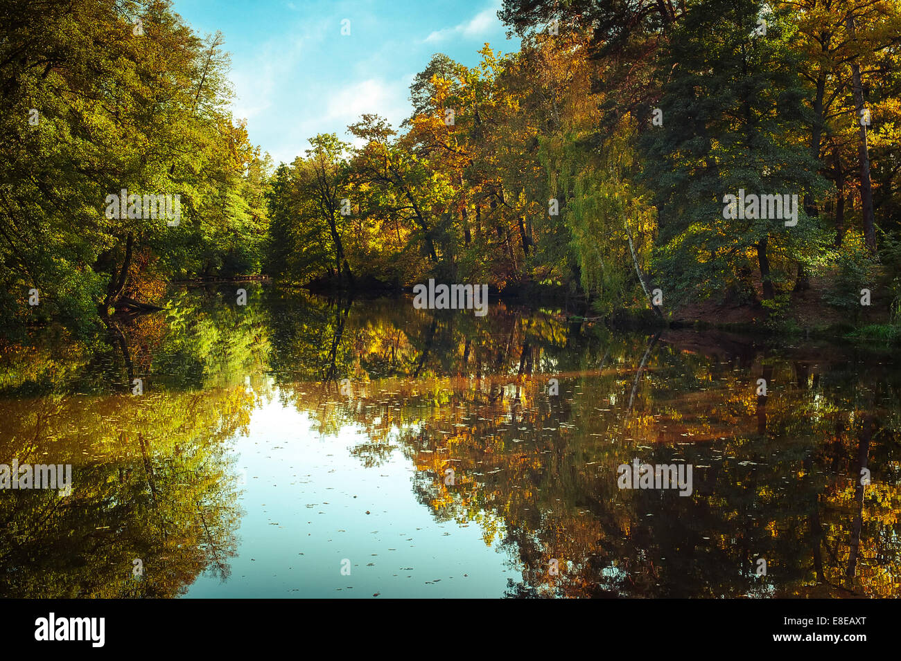 Giornata di sole nel parco all'aperto con il lago e colori d'autunno alberi riflessione sotto il cielo blu. Incredibili colori luminosi di la natura in autunno Foto Stock