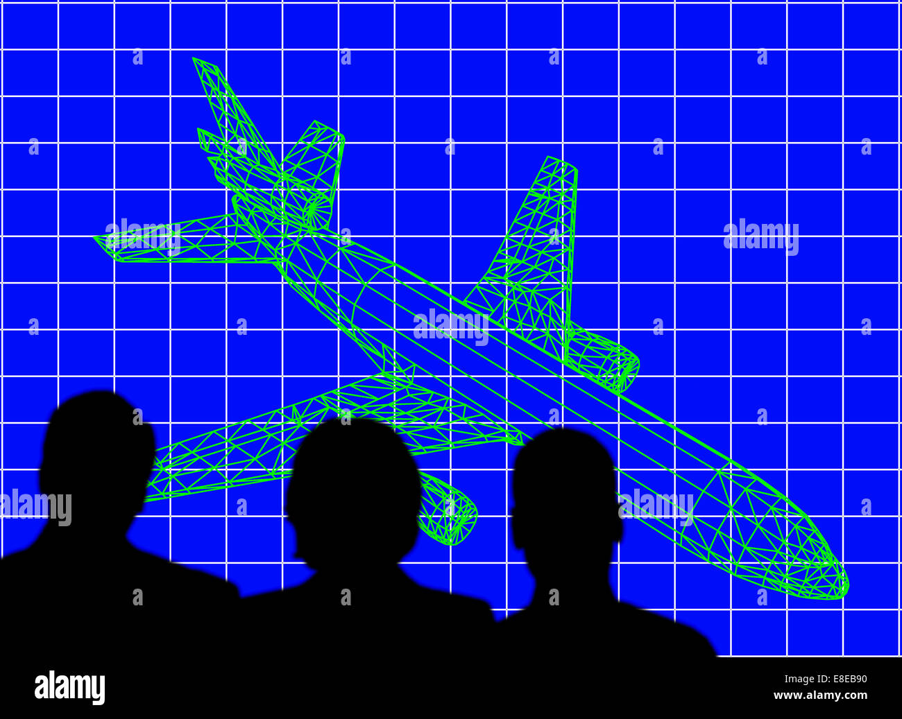 Tre computer generato ingegneri studiando wire frame di immagine aereo a getto Foto Stock