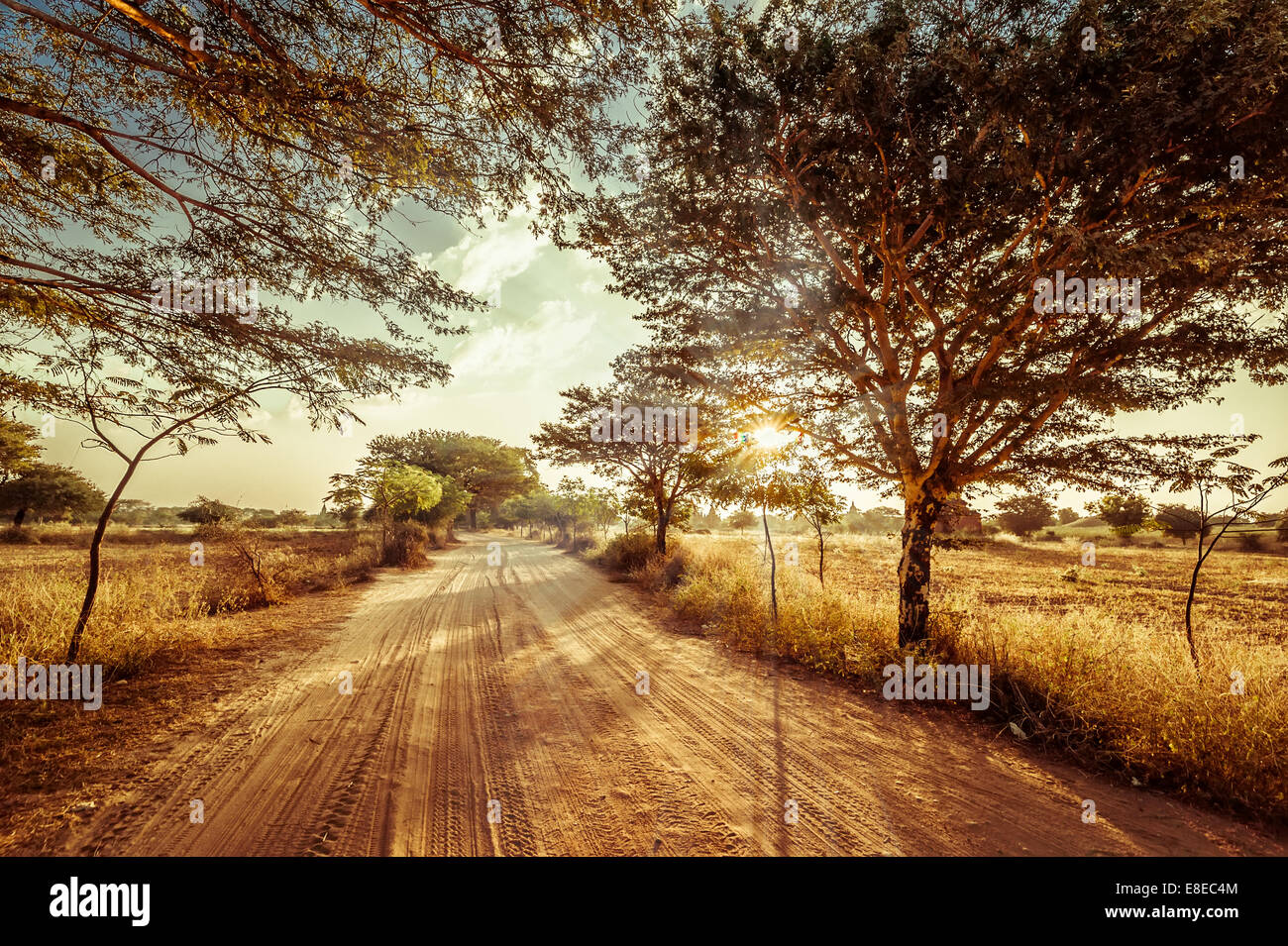 Empty road passando attraverso il paesaggio rurale sotto il cielo al tramonto con raggi di sole. La stagione secca nel sud-est asiatico, Myanmar (Birmania). Natura Foto Stock