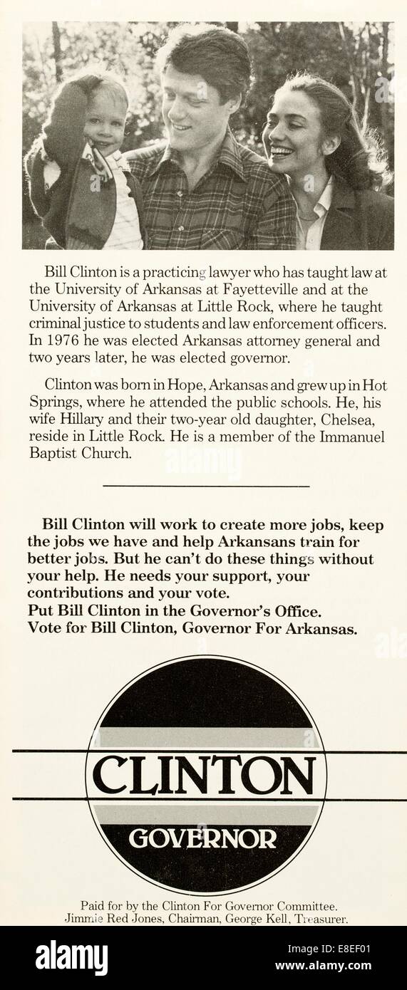 Bill Clinton 1982 campagna di rielezione il foglietto illustrativo per il Governatore dell'Arkansas Foto Stock