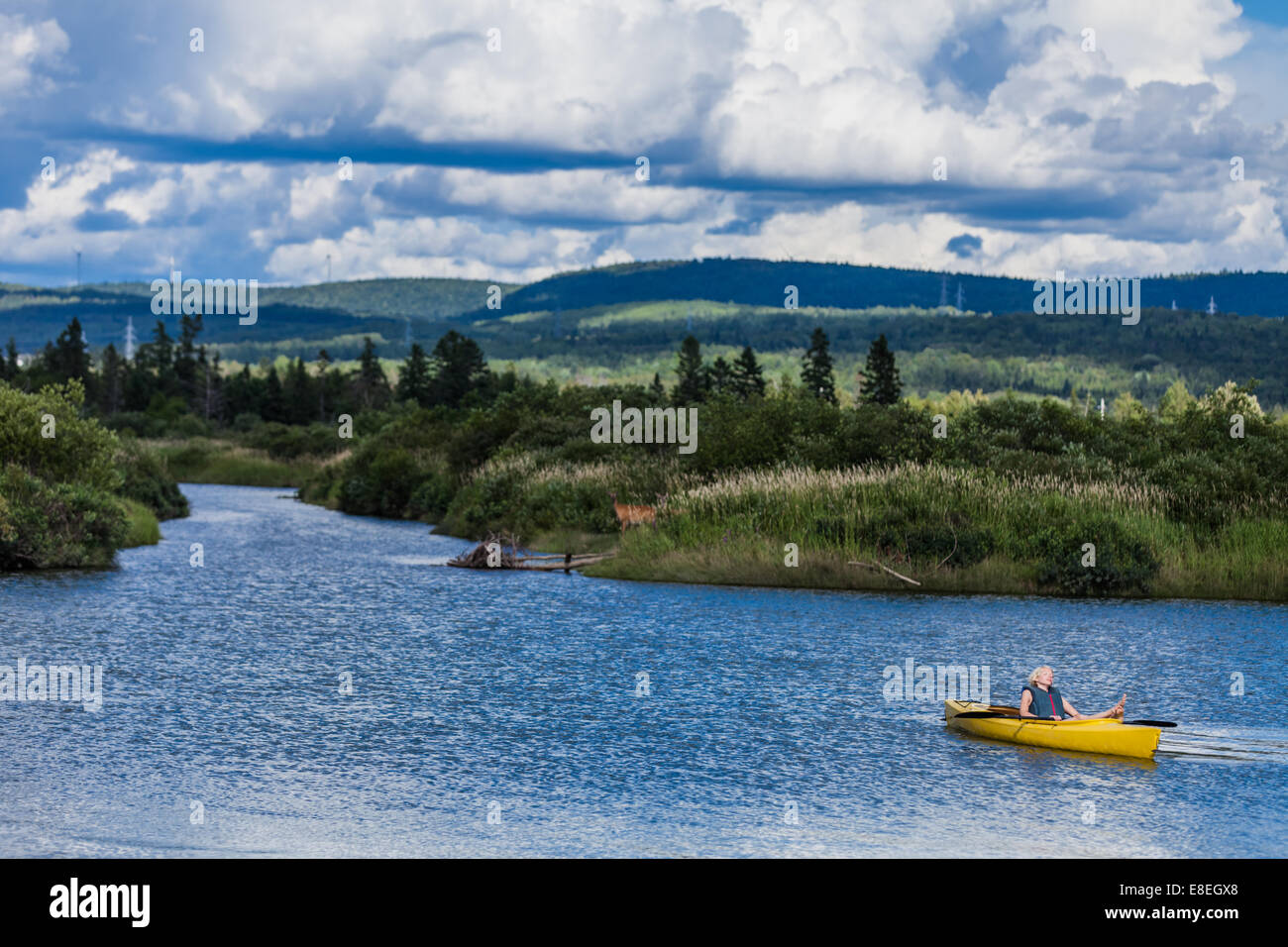 Fiume calmo e rilassante donna in un kayak giallo Foto Stock