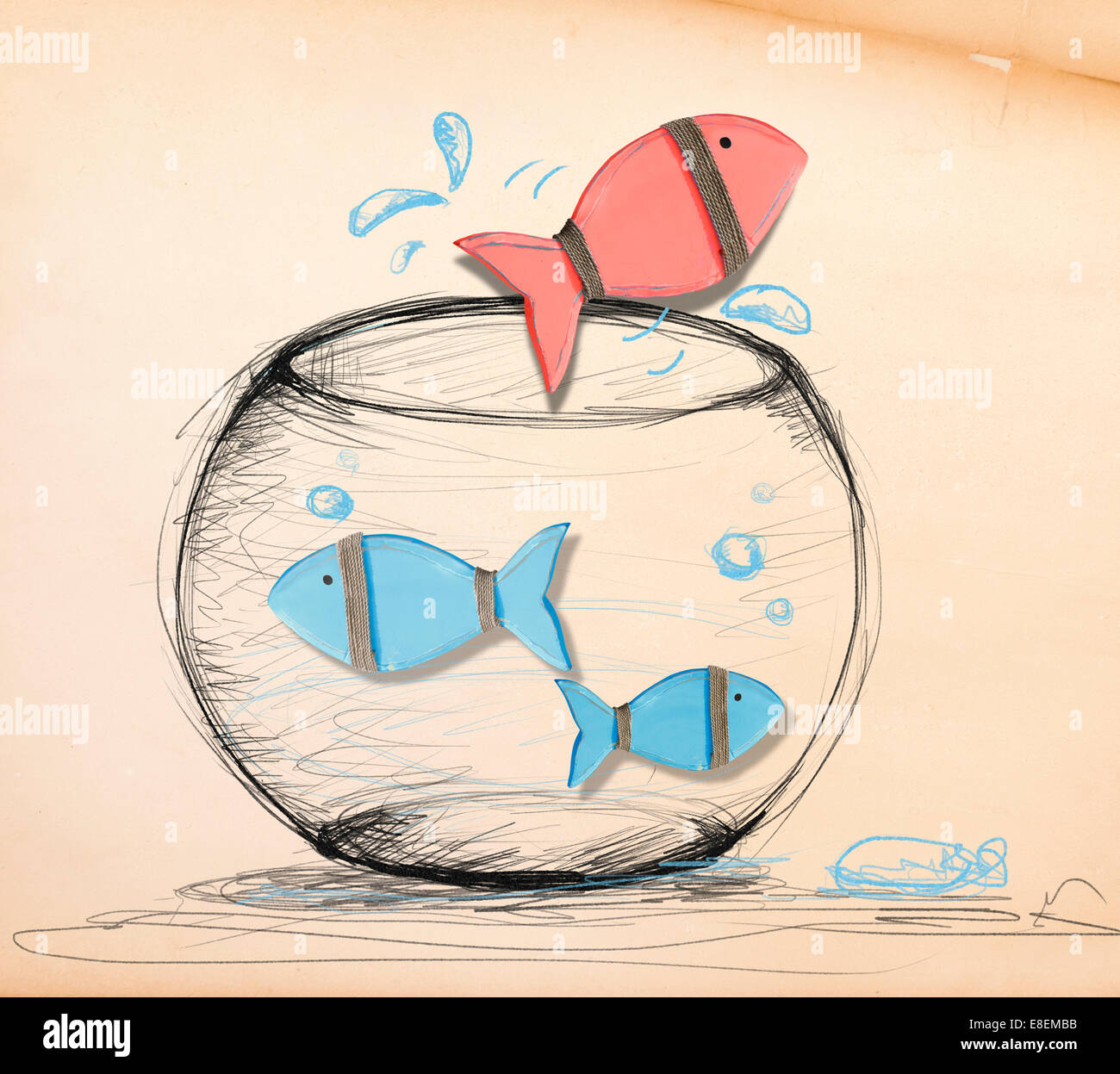 La fuga del pesce dal globo di vetro Foto Stock