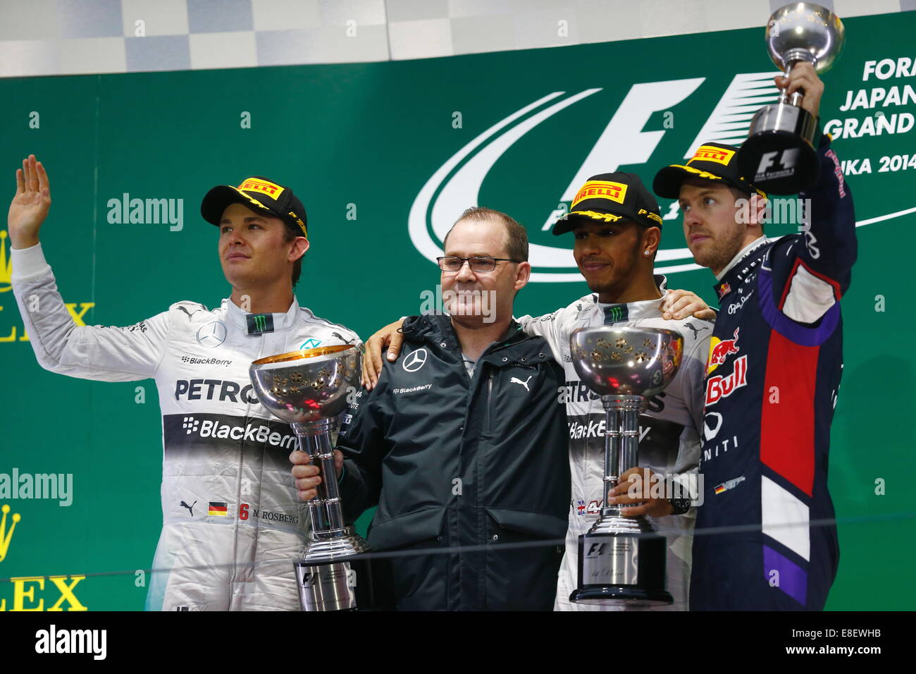 Lewis Hamilton, GBR, Team Mercedes-AMG-Petronas di Formula Uno, vincitore della gara con Nico Rosberg, runner up e Sebastian Vettel, GER, RedBull Racing,3 posto - Infiniti del Team Red Bull Racing, Suzuka, in Giappone, 05.10.2014, Formula una gara di F1, podio, Giappone Grand Prix, Grosser Preis, GP du Japon, Motorsport, foto di: Sho TAMURA/AFLO SPORT - GERMANIA Foto Stock