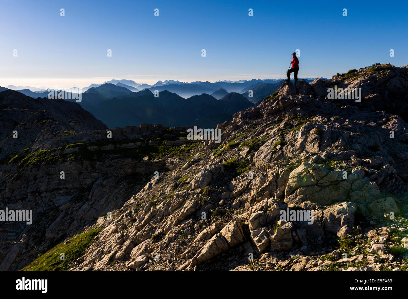 Cime delle Alpi dell'Algovia al mattino presto con un escursionista, Oberstdorf, Baviera, Germania Foto Stock