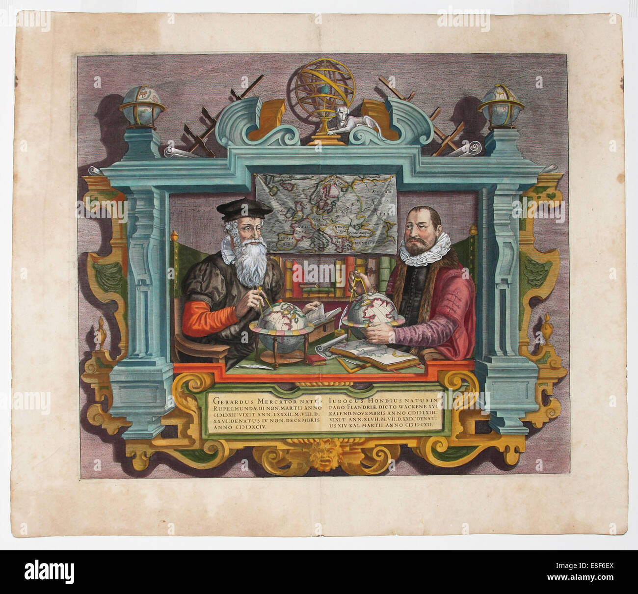 Doppio ritratto di Gerardus Mercator (1512-1594) e Jodocus Hondius (1563-1612). Artista: Hondius (Keer van der), Coletta (attivo inizi XVII sec.). Foto Stock