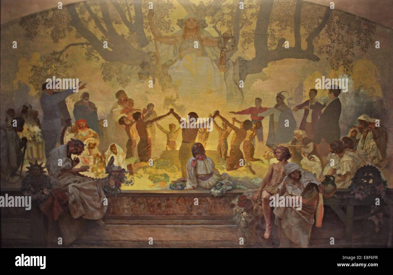 Il Giuramento di Omladina sotto cultura slava Tiglio (ciclo il slavo di Epic). Artista: Mucha, Alfons Maria (1860-1939) Foto Stock