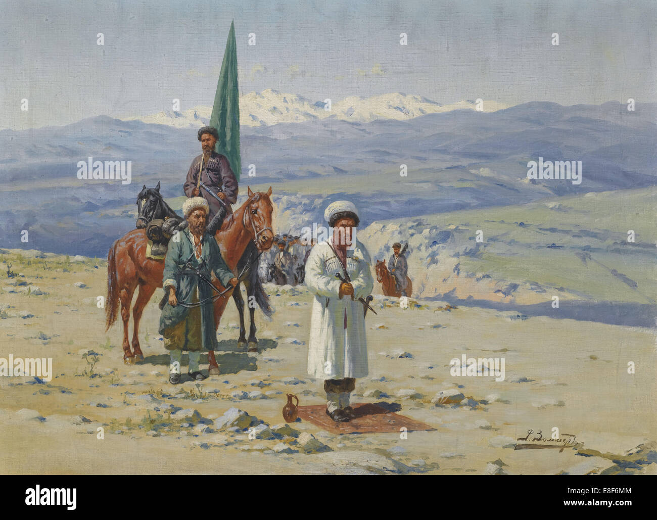 L Imam Shamil nel Caucaso. Artista: Sommer, Richard Karl (1866-1939) Foto Stock