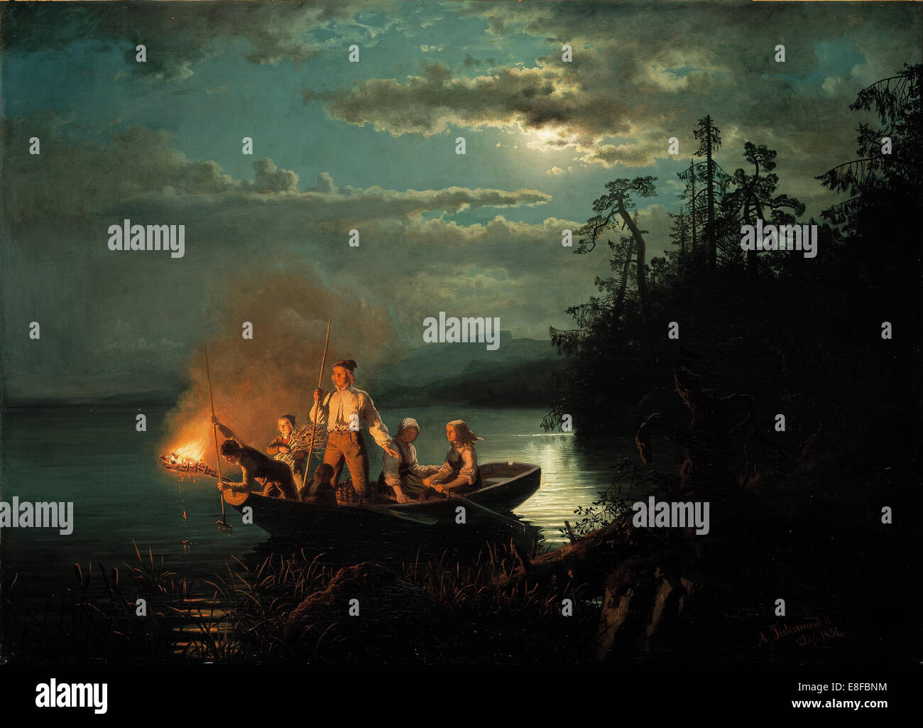 Notte lancia la pesca sul lago Krøderen. Artista: Gude, Hans (1825-1903) Foto Stock