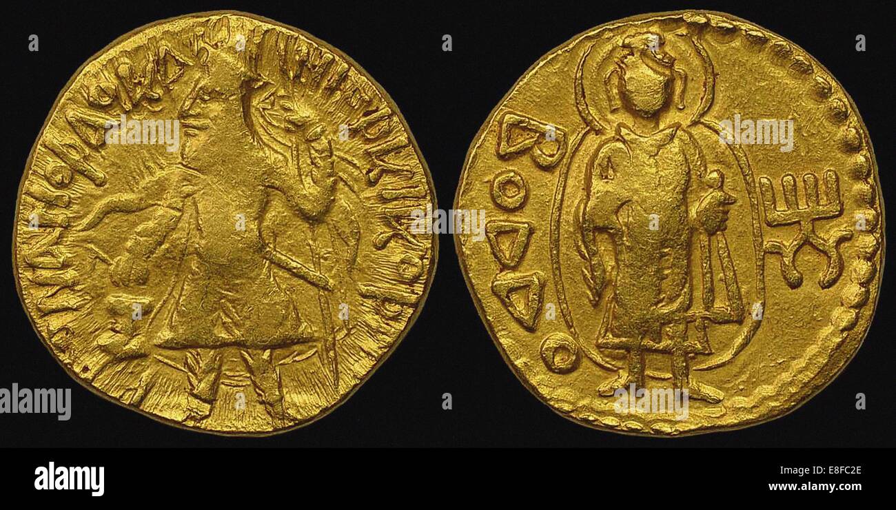 Moneta in oro, Kushan. Complementare: Kanishka I. retromarcia: in script Bactrian Buddha (boddo). Artista: la numismatica, monete antiche Foto Stock