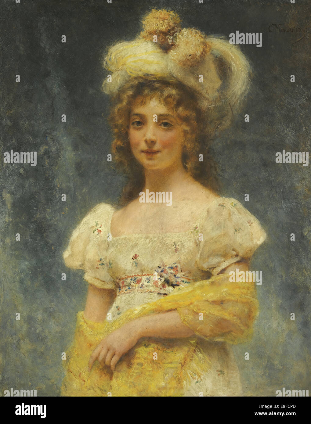 Ritratto di una donna in un scialle giallo. Artista: Makovsky, Konstantin Yegorovich (1839-1915) Foto Stock