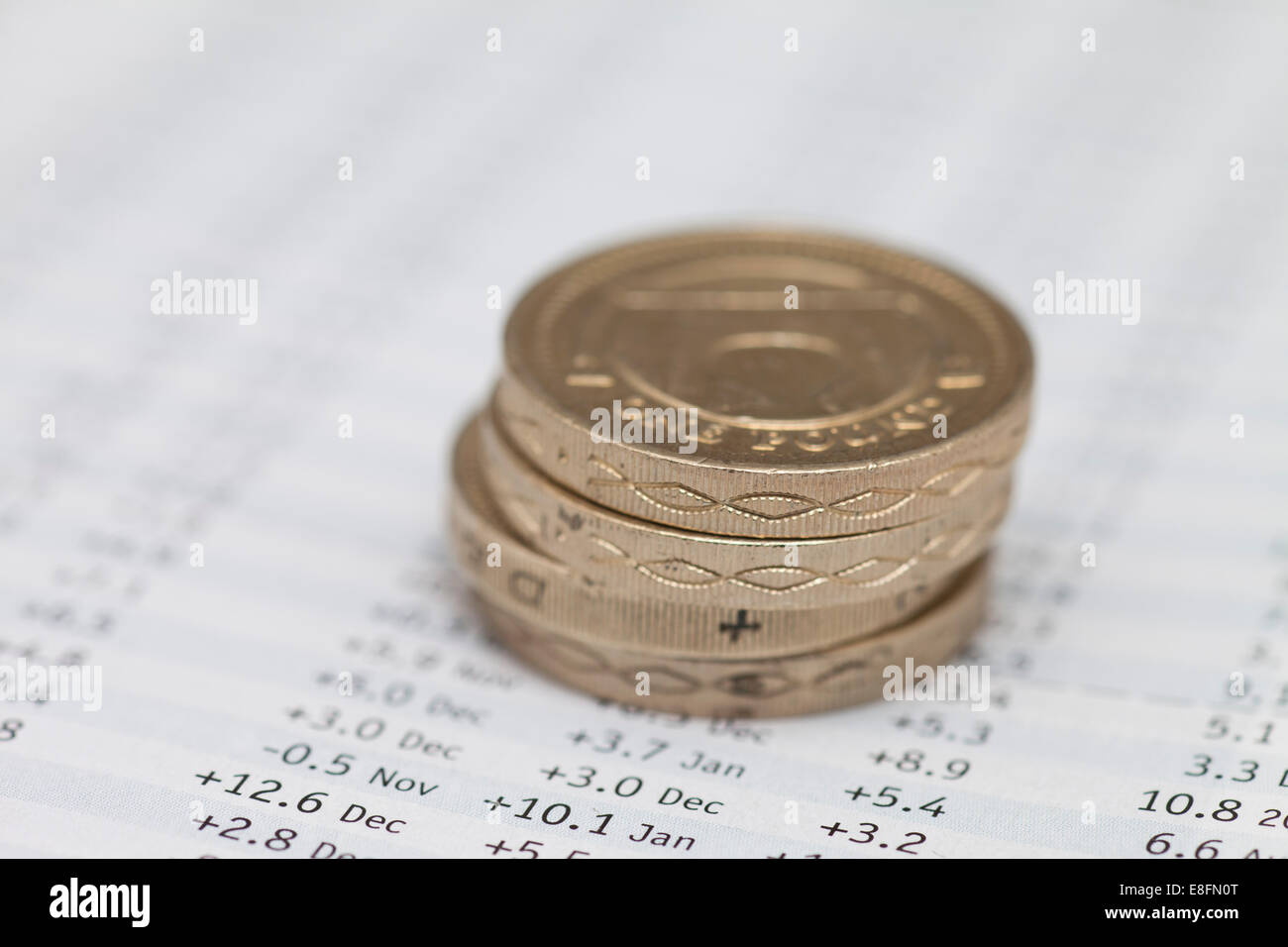 Pila di monete sterlina sui dati finanziari Foto Stock