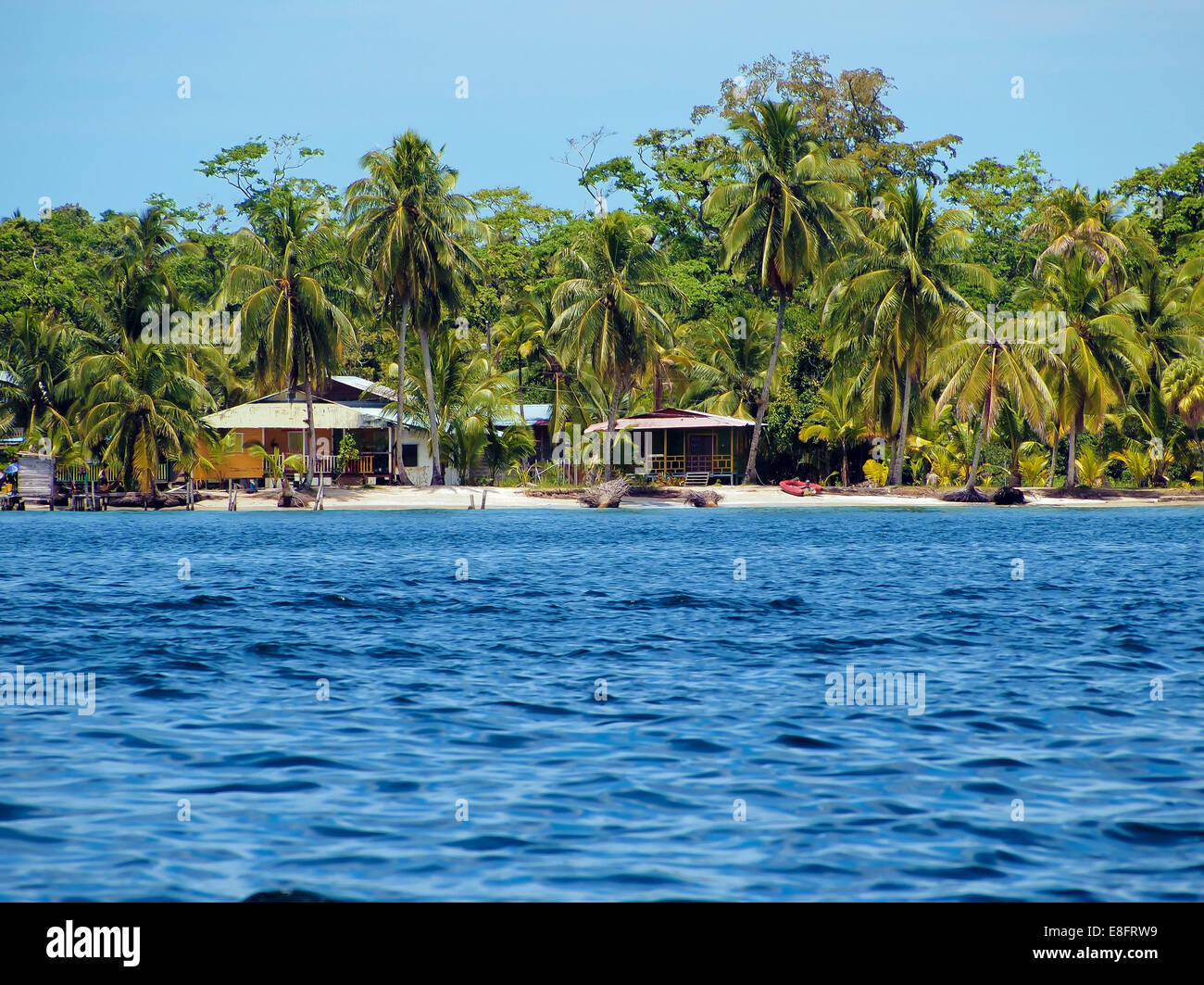 Spiaggia tropicale con le tipiche case dei Caraibi sotto gli alberi di cocco Foto Stock