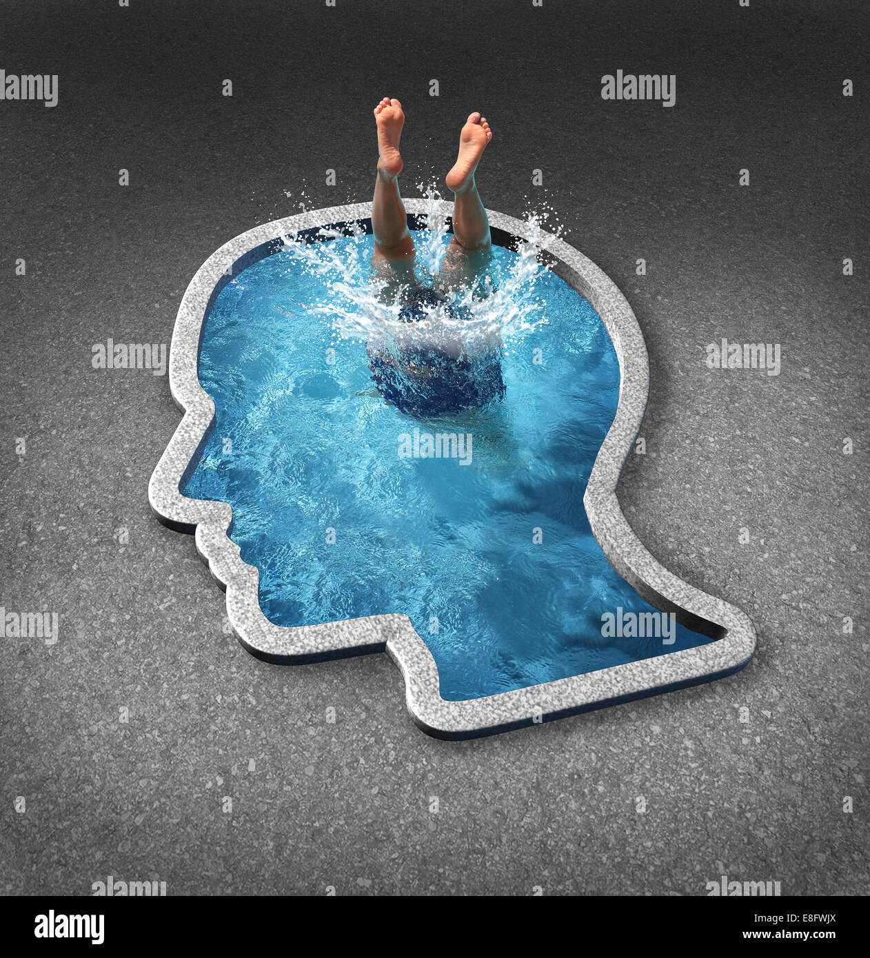 La profondità di pensiero e anima il concetto di ricerca con una persona immergersi in una piscina a forma di un volto umano come un simbolo di auto esame e salute mentale problemi relativi ai sentimenti interiori ed emozioni. Foto Stock