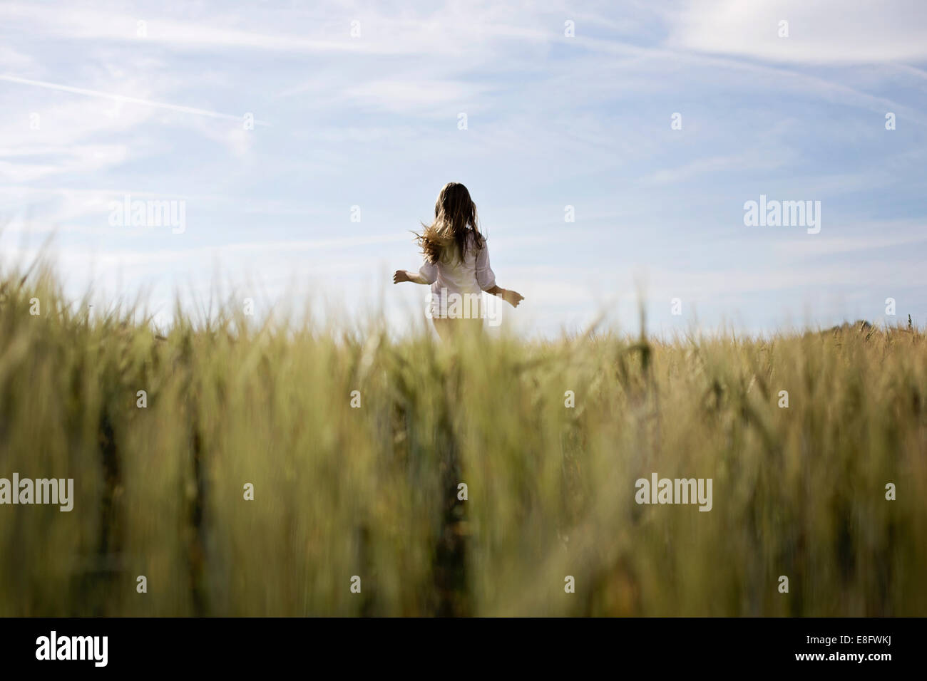 Bambina in esecuzione in campo, scattering semi di dente di leone nel vento  Foto stock - Alamy