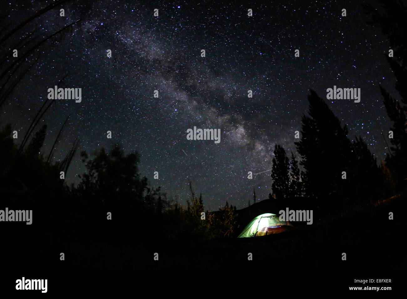 Tenda in un paesaggio rurale di notte, Stati Uniti Foto Stock