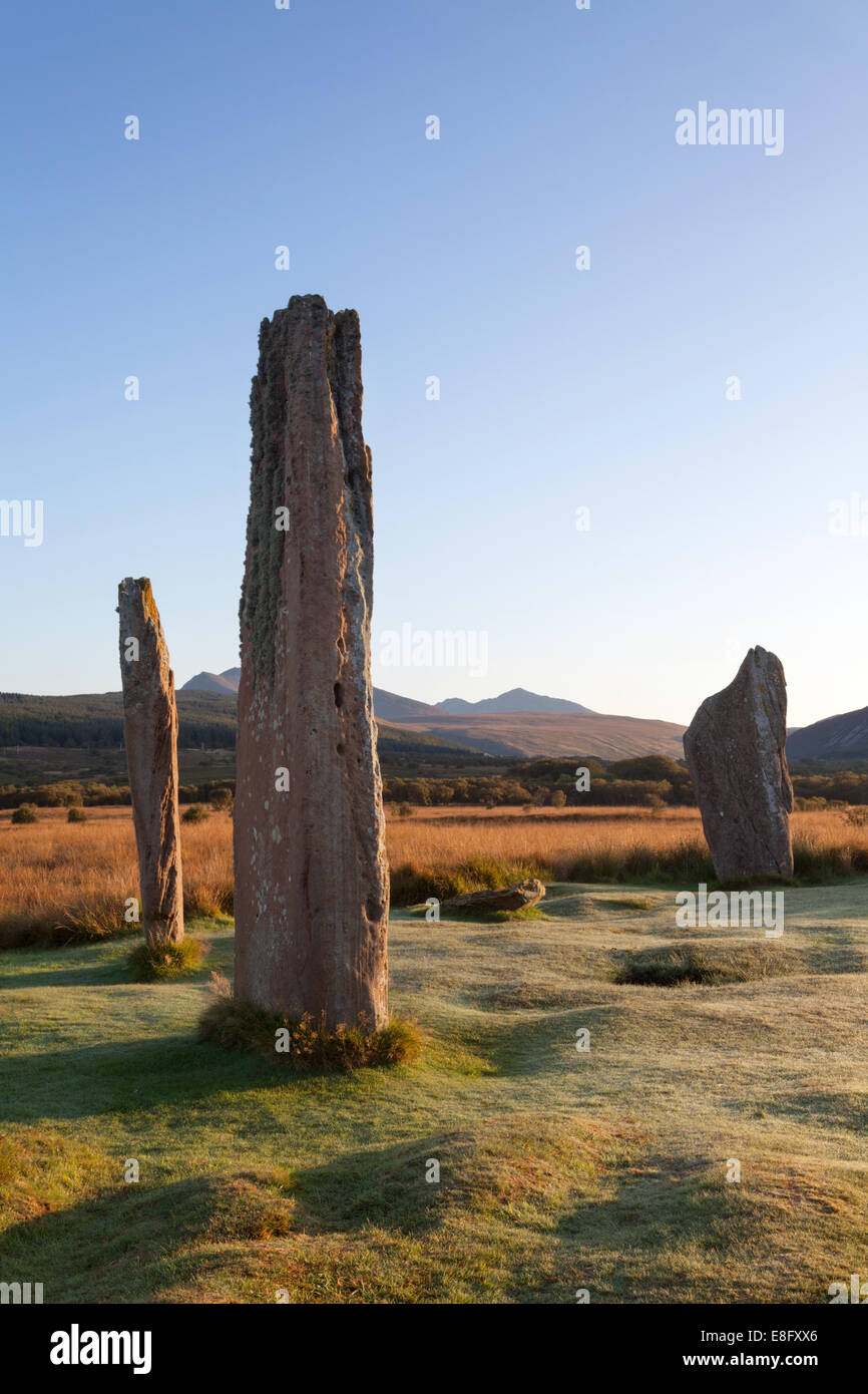 Machrie Moor pietre permanente all'alba Isle of Arran, Scozia Foto Stock