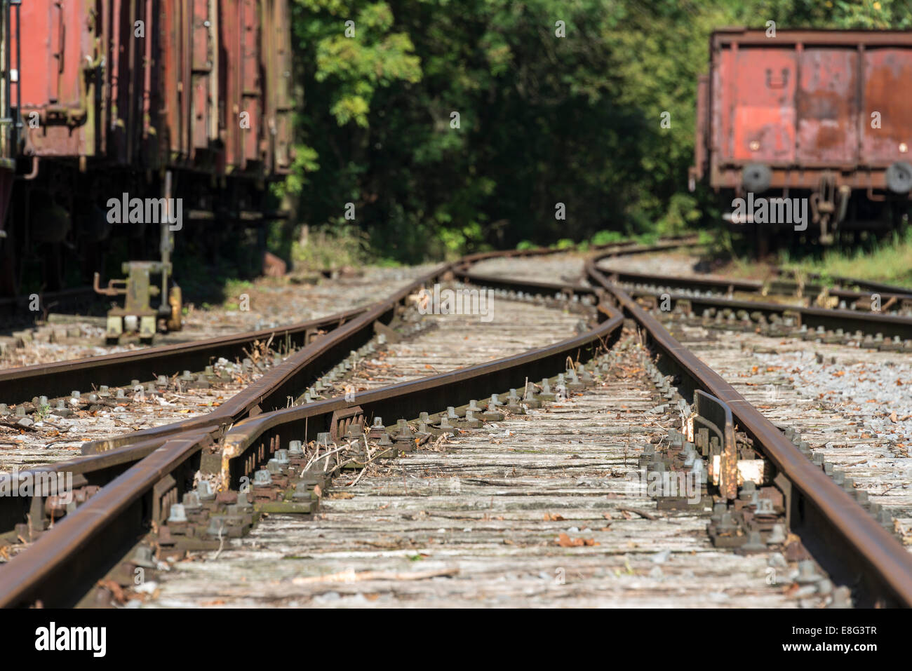 Vecchia ferrovia derivazione con traverse in legno e di vecchi treni Foto Stock